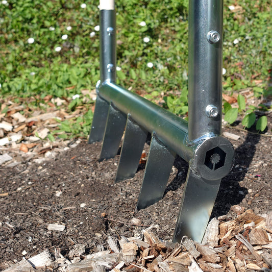 Close-up of Green Tools Tech broadfork showing galvanized steel frame and reinforced tines