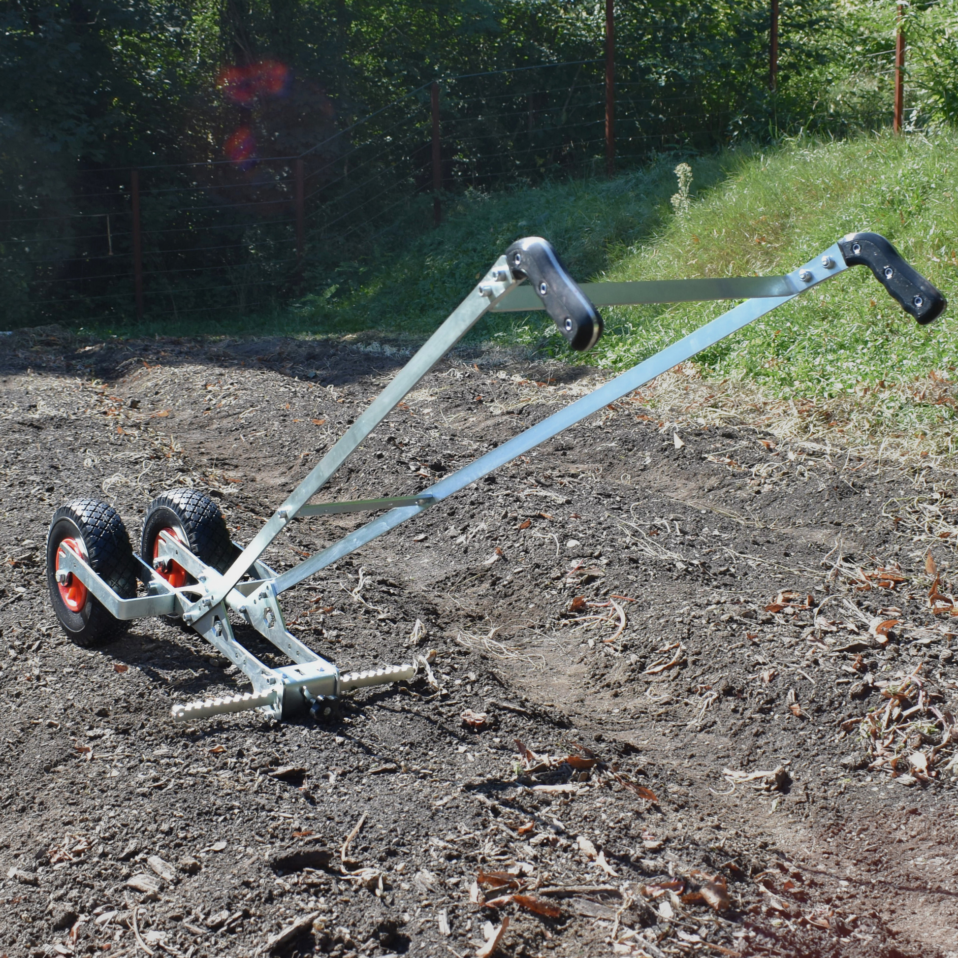 Green Tools Tech Double Wheel Hoe Upgrade Kit converting a single wheel hoe into a dual-wheel setup for efficient no-dig market garden cultivation