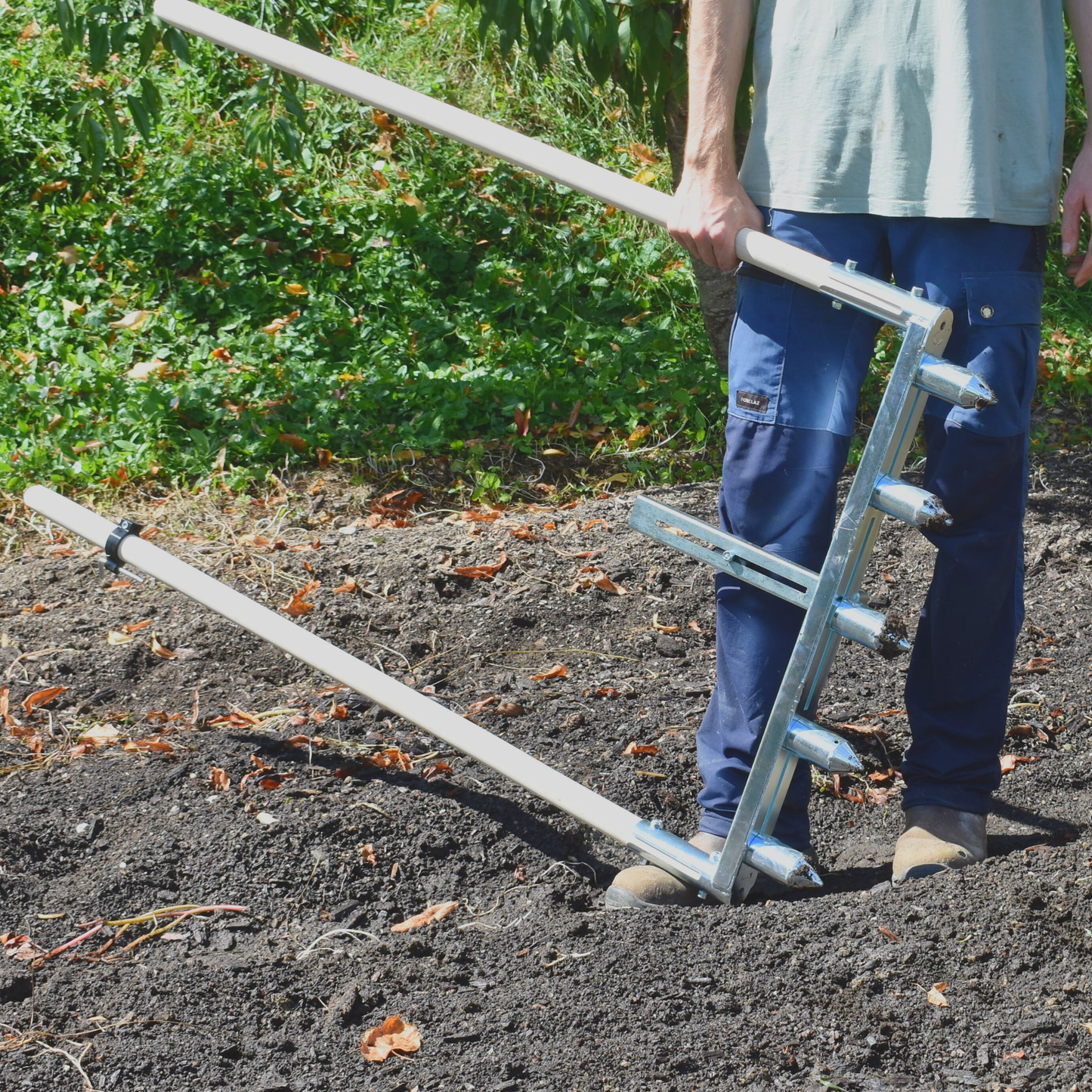 Green Tools Tech Multi Dibbler with adjustable dibbles and row marker for fast no-dig market garden transplanting on 75 cm beds