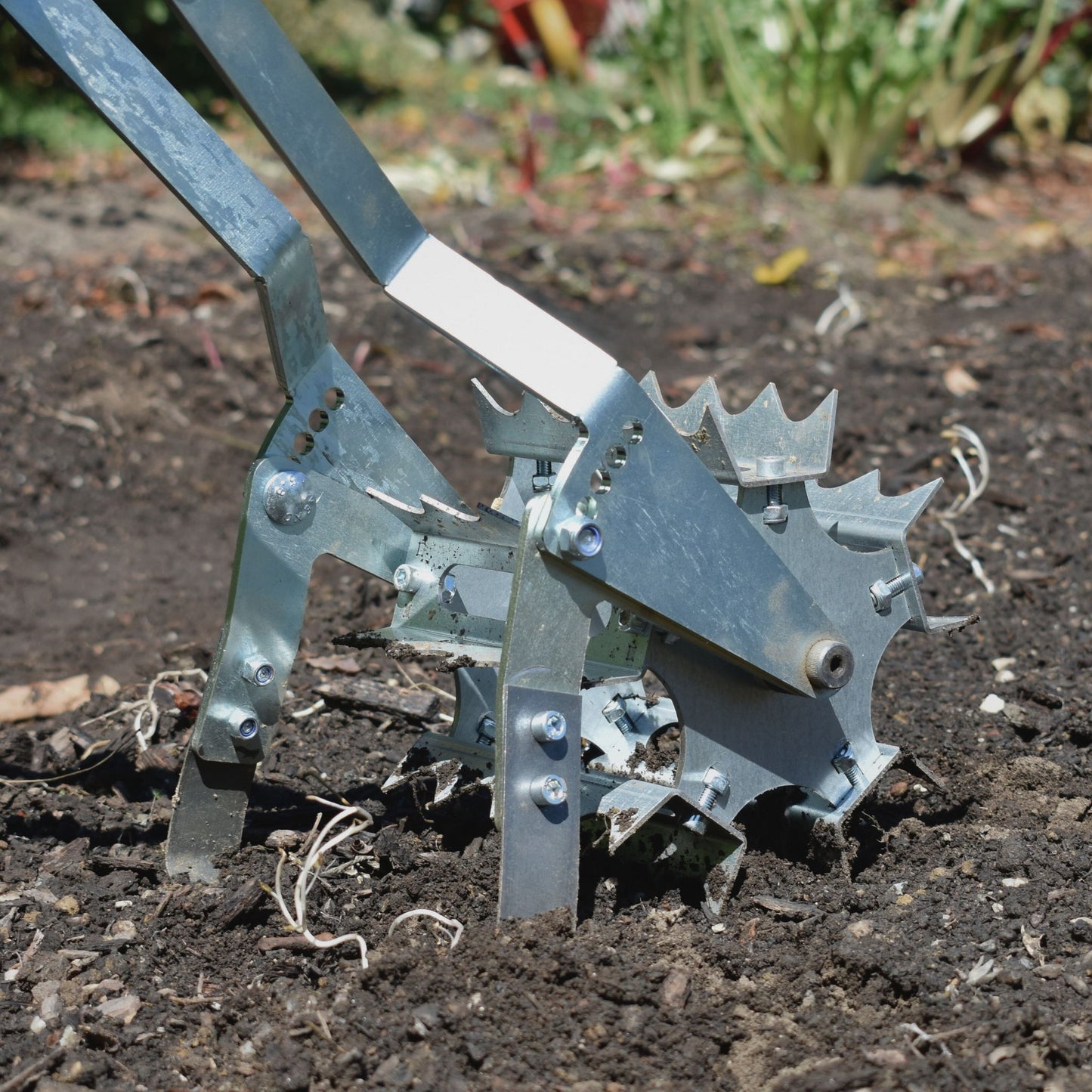 Green Tools Tech Roto Hoe with galvanized steel rotating drum and adjustable blade for no-dig market garden soil cultivation and weeding