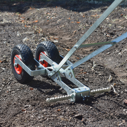 Green Tools Tech Double Wheel Hoe Upgrade Kit converting a single wheel hoe into a dual-wheel setup for efficient no-dig market garden cultivation