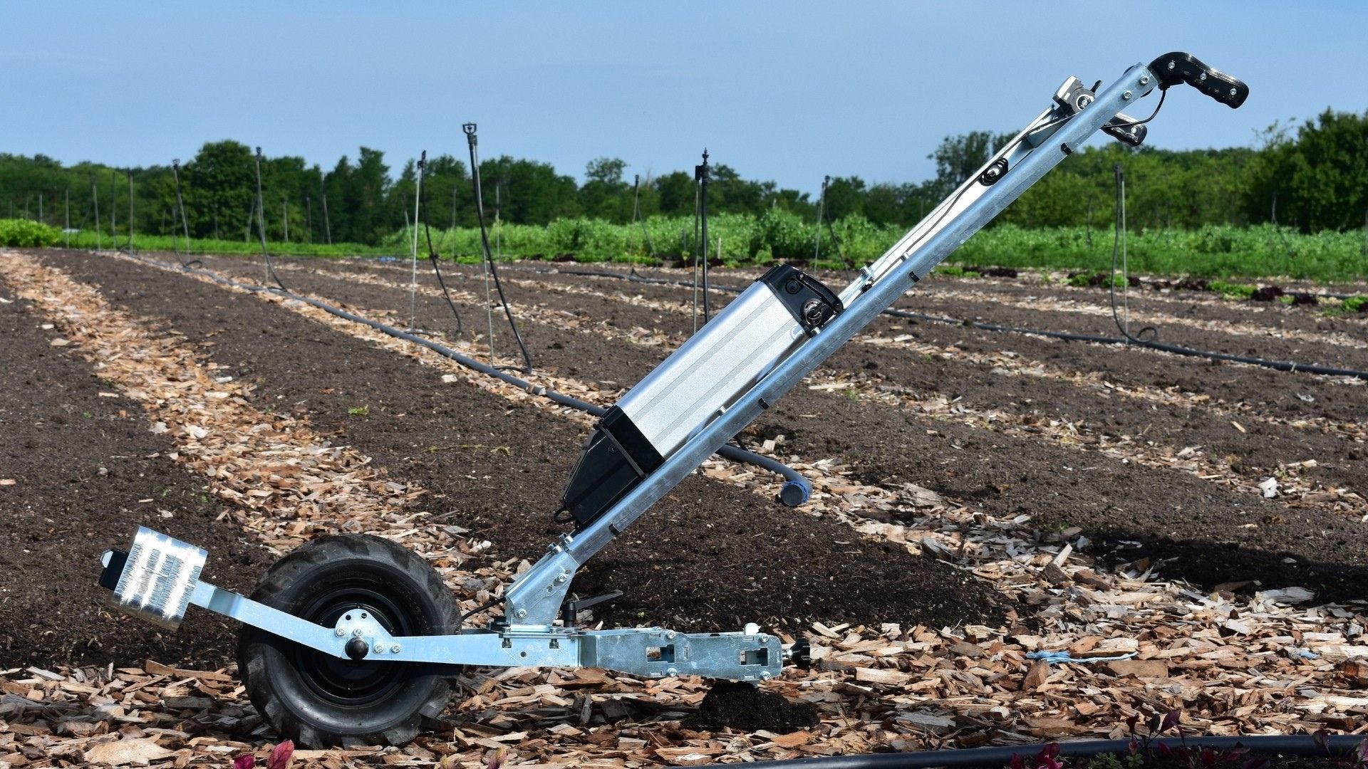 Green Tools Tech NanoTrack electric wheel hoe in a no-dig market garden bed