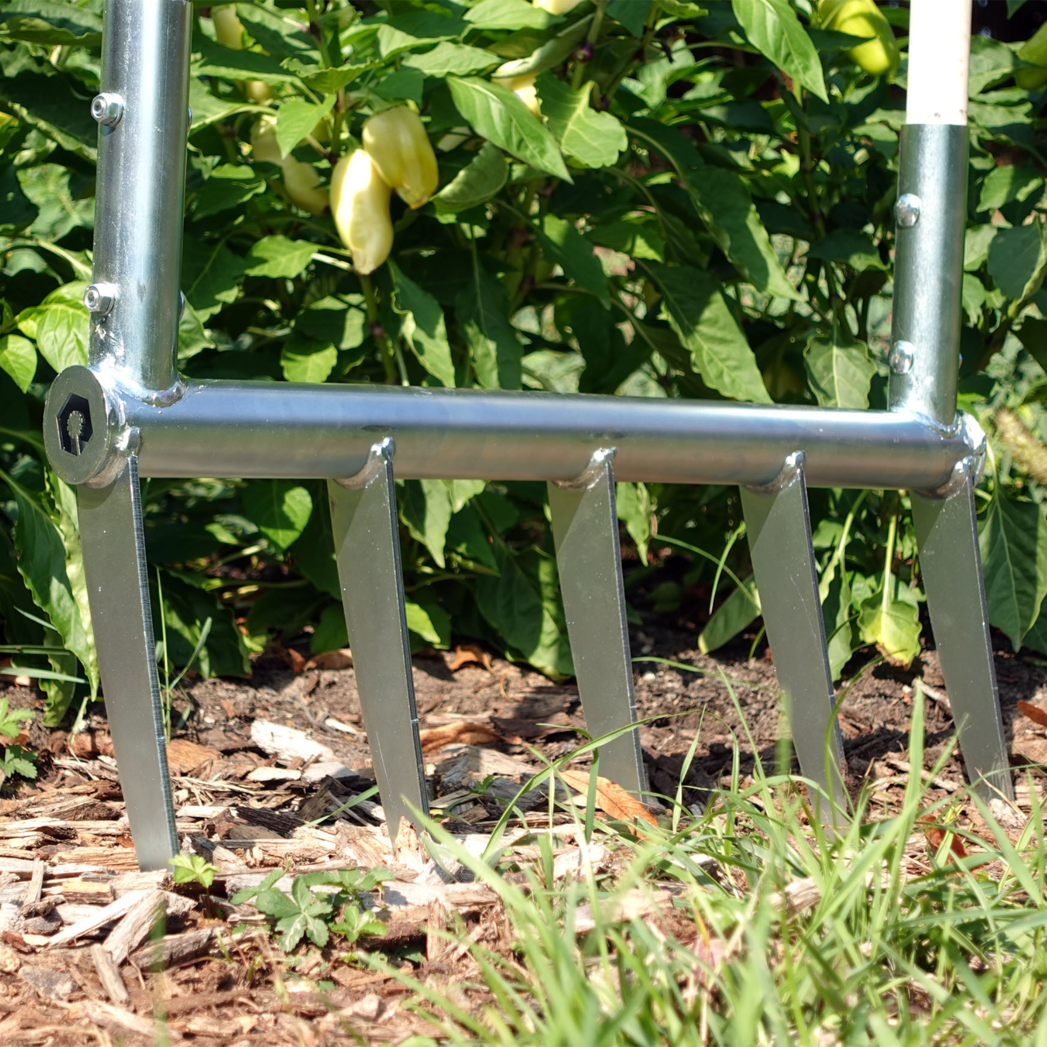 A person using the Green Tools TECH Broadfork for loosening soil in a no-dig market garden.