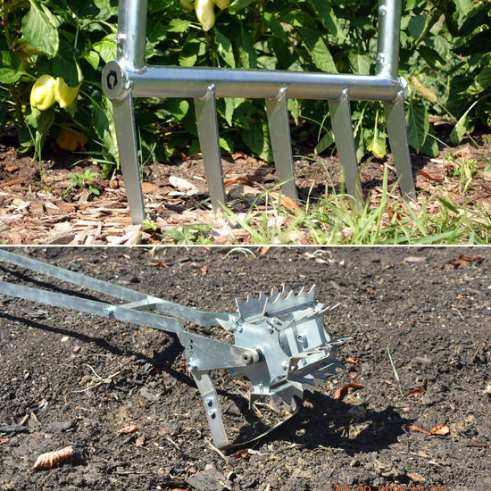 A split screen video of the Green Tools TECH Broadfork and Roto Hoe in a no-dig market garden.
