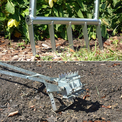 A split screen video of the Green Tools TECH Broadfork and Roto Hoe in a no-dig market garden.