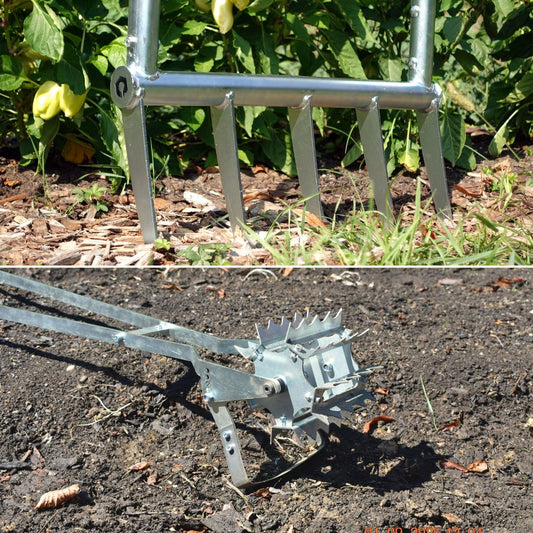 A split screen video of the Green Tools TECH Broadfork and Roto Hoe in a no-dig market garden.