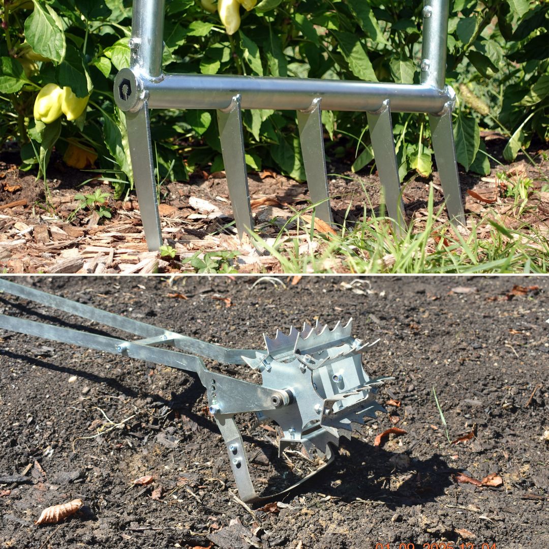 A split screen video of the Green Tools TECH Broadfork and Roto Hoe in a no-dig market garden.