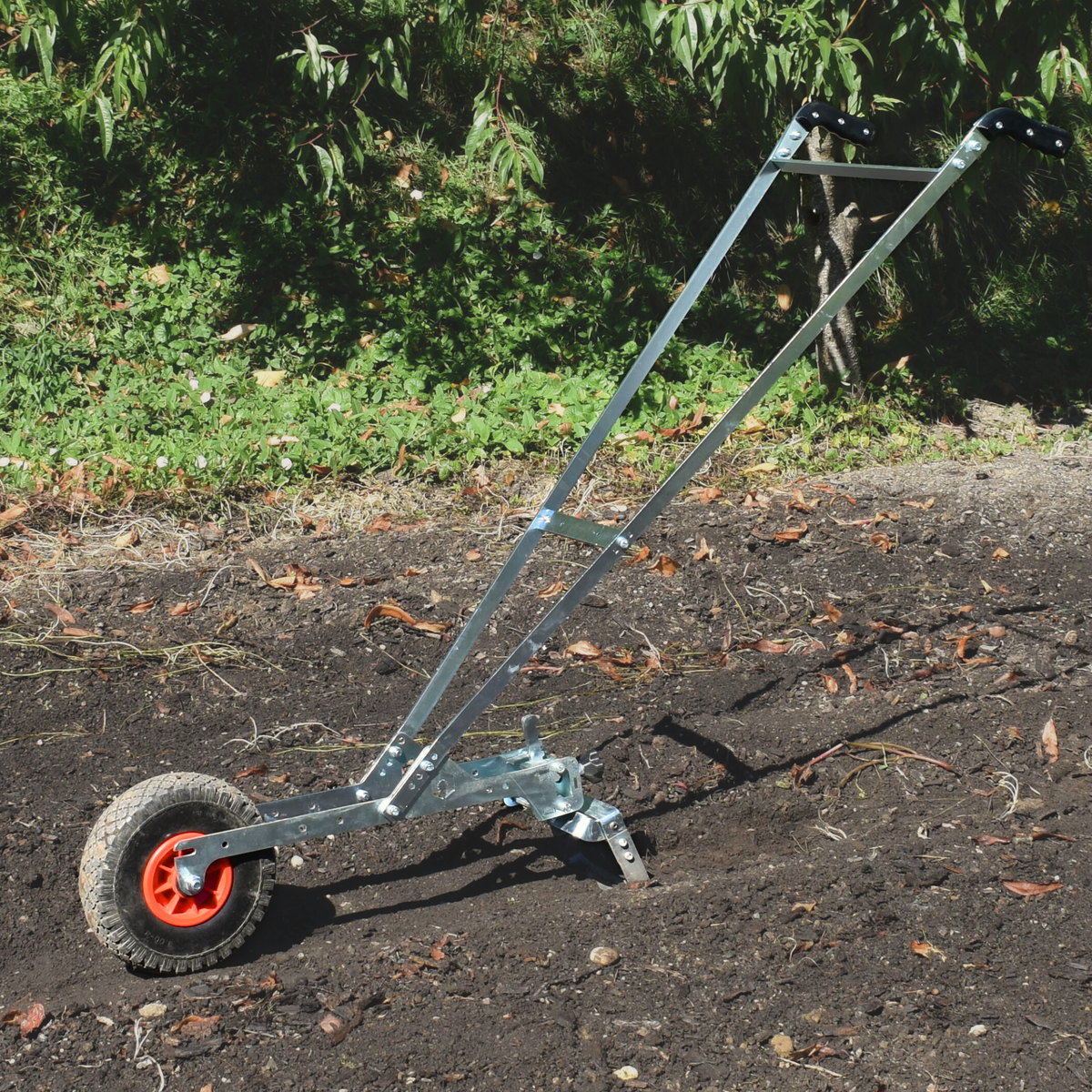 Single Wheel Hoe being used for weeding a no-dig market garden.