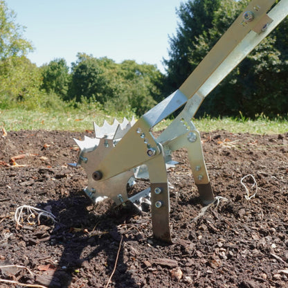 Green Tools Tech Roto Hoe with galvanized steel rotating drum and adjustable blade for no-dig market garden soil cultivation and weeding