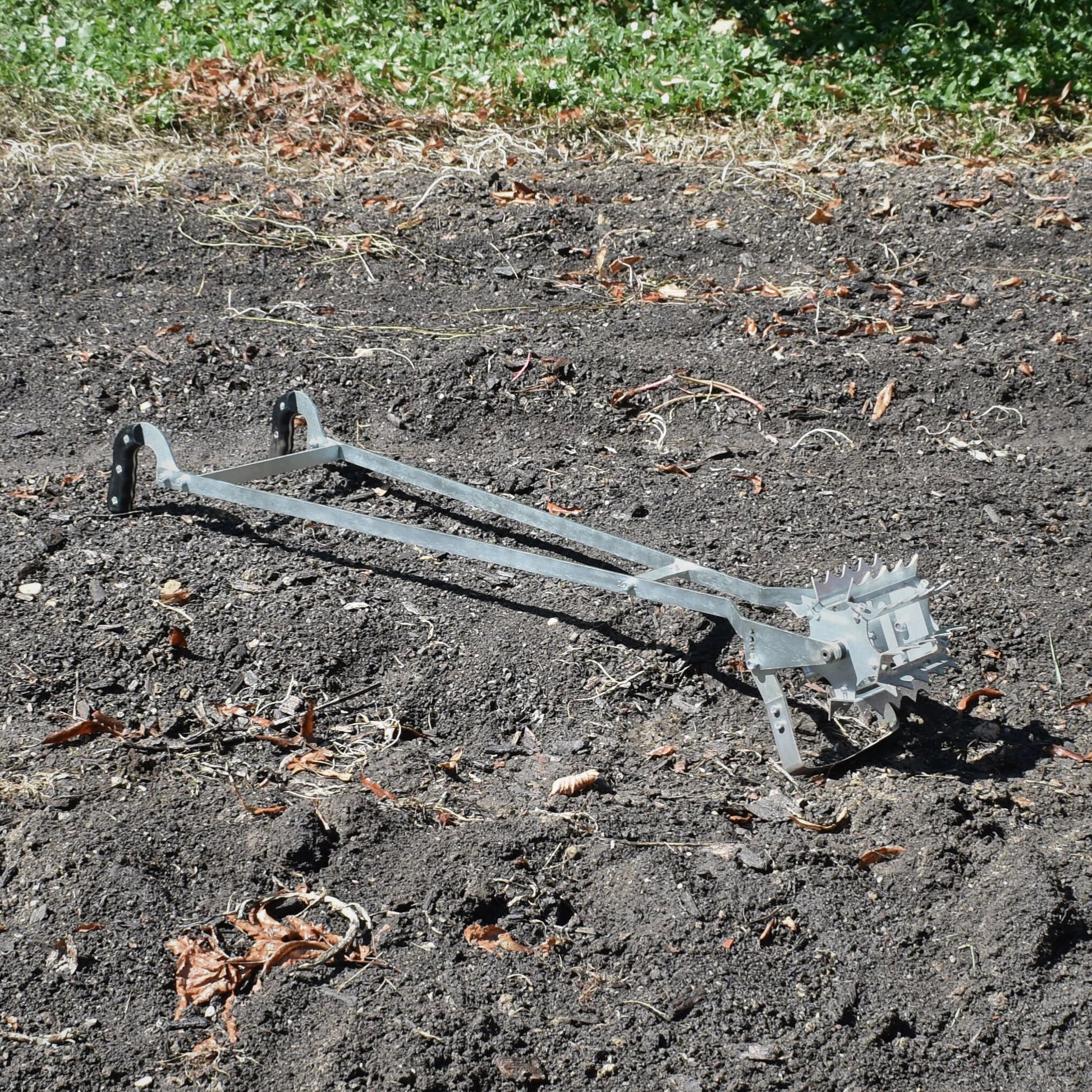 Green Tools Tech Roto Hoe with galvanized steel rotating drum and adjustable blade for no-dig market garden soil cultivation and weeding