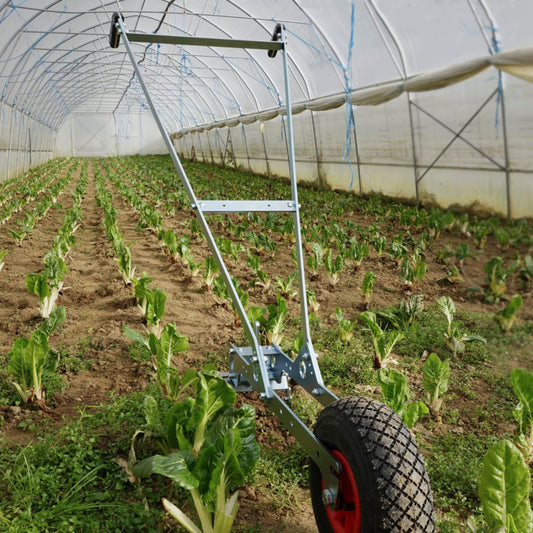 Green Tools Tech Single Wheel Hoe with 20 cm swing hoe blade for efficient no-dig market garden weeding and soil cultivation