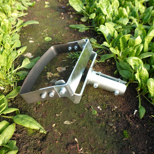 Green Tools Tech Swing Hoe 20 with spring steel blade for fast no-dig market garden weeding and soil loosening between crops
