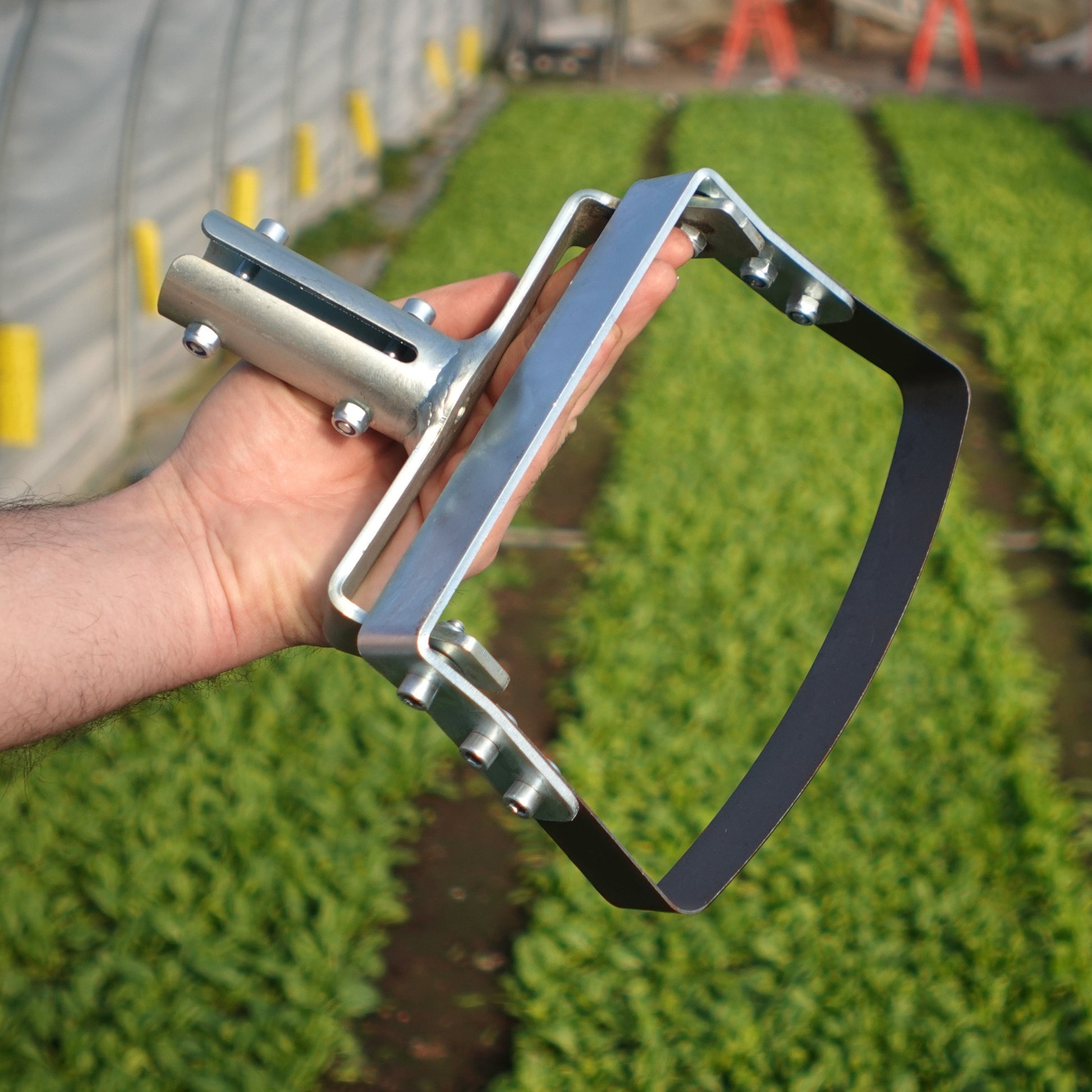 Green Tools Tech Swing Hoe 20 with spring steel blade for fast no-dig market garden weeding and soil loosening between crops
